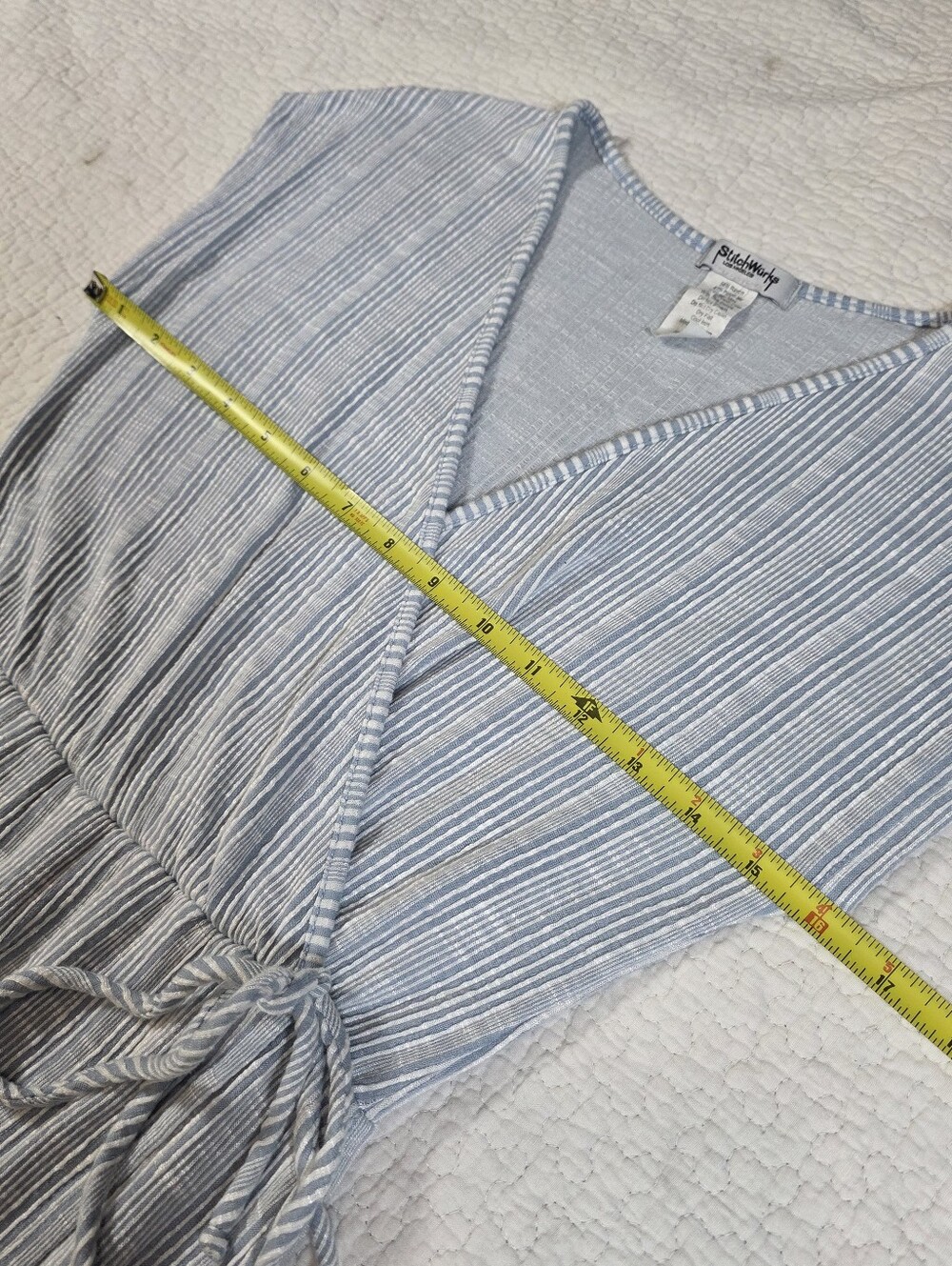 StitchWurks Los Angeles Light Blue Striped Faux Wrap Maxi Dress - Picture 7 of 9